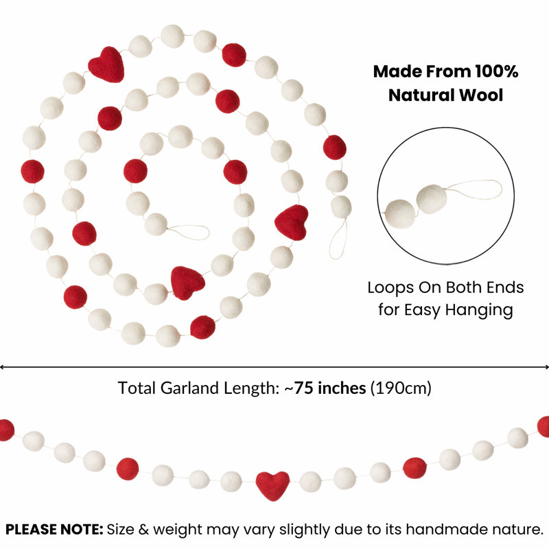MODWOOL 75" Wool Ball Garland - Hearts