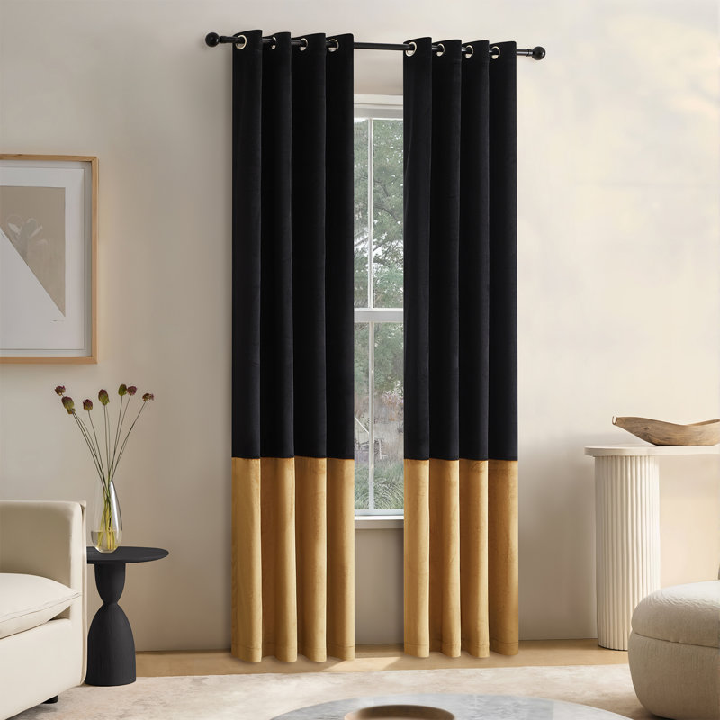 Velvet Blackout curtains Room Darkening 70%-80% Drapes for Bedroom Living Room（set of 2）, 52" W x 96" L, Black/Gold