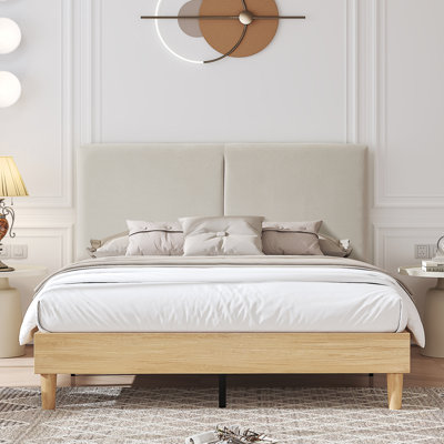Binnett Wood Bed with Upholstered Headboard Natural Full Size Platform Bed Strong Wooden Silent Slat Support, No Box Spring Needed