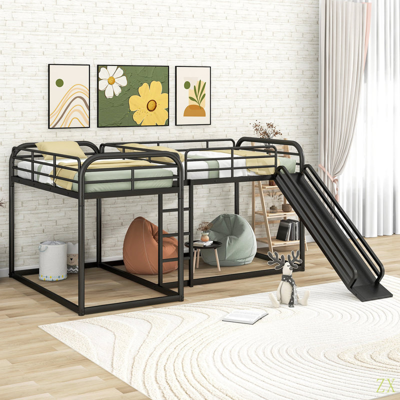 Lit superposé en L pour lit double et simple avec glissière et échelle courte, Noir