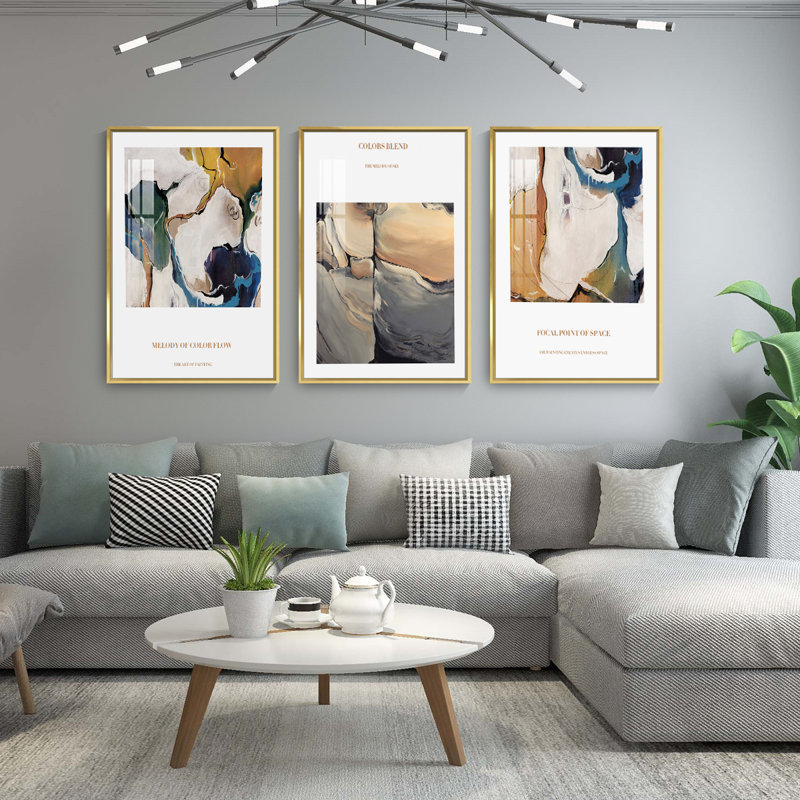 Abstrait aluminium encadré, ensemble de 3 reproductions d'art encadrées sur toile, H 16,3 po x l 36,3 po x P 1,65 po, Doré