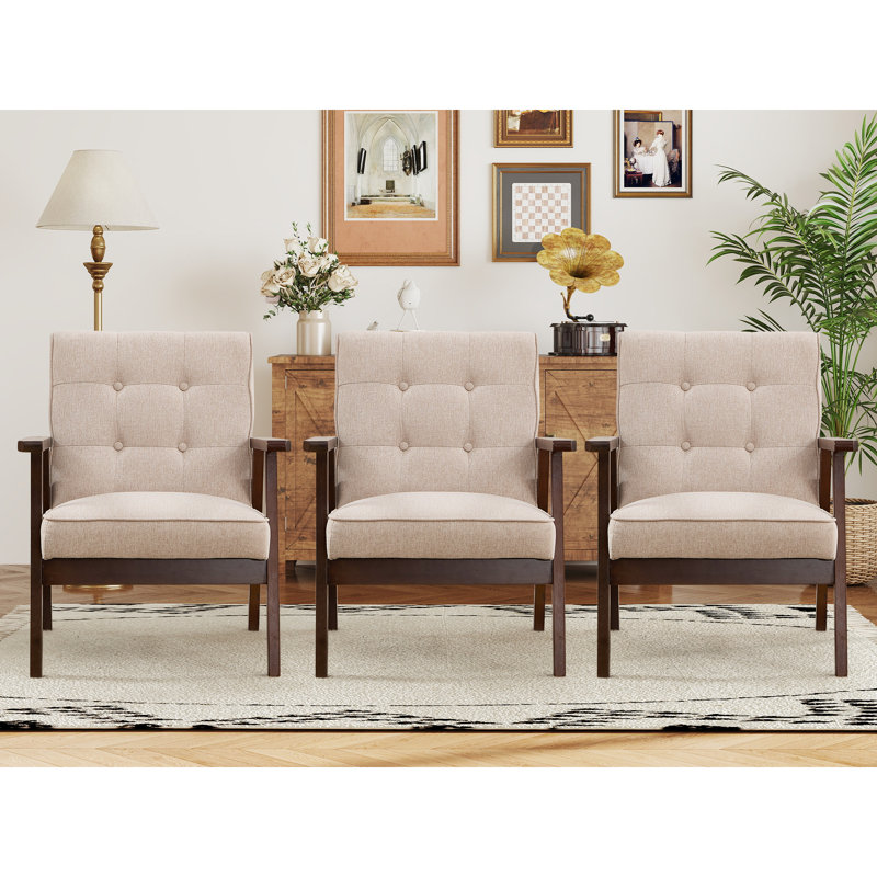 Fauteuil d'appoint rembourré capitonné rétro avec pieds en bois massif 25 po Chesterle, Lin beige