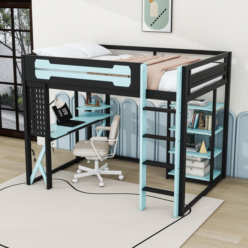 Full Wood Loft Bed with Desk, Shelves, LED Light and Power Outlet, Black Blue