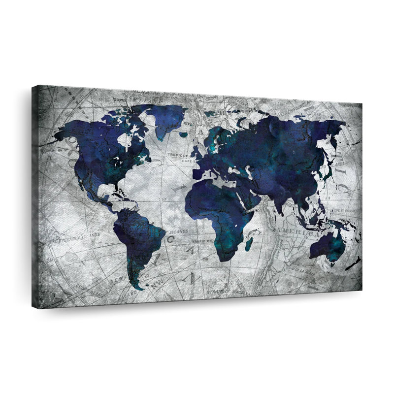 Deep Blue World Map Canvas Print, 16" H x 24" W x 1.25" D