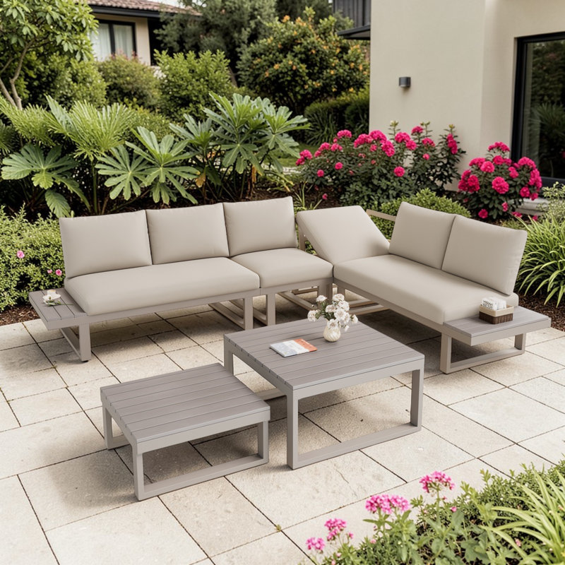 Rynley 252cm Wide L-Shaped Patio Sectional Set, Beige Cushion/Khaki Frame