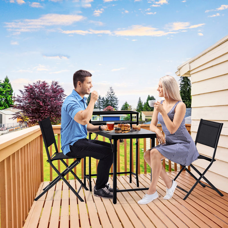 3 meubles de patio, table pliante et chaises d'extérieur noires, structure en acier rouille, chaises bistro, option bistro confortable et peu encombrante