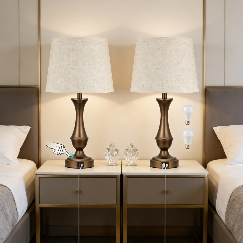 Ensemble de 2 lampes de chevet à contrôle tactile avec USB C et ports de charge, lampe de bureau à DEL à intensité variable à 3 voies pour table de chevet, salon et bureau, avec ampoules incluses
