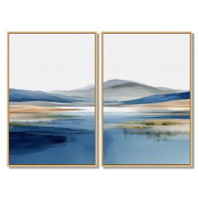 «Blue Waves Heights Golden Coastal - Waves», reproduction d'art sur toile, paysage bleu, 2 pièces