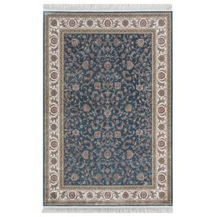 Minyatur Dark Blue & White Medallion Area Rug – Traditional Turkish Carpet, 100% Viscose, Low-Pile Flatwoven Design