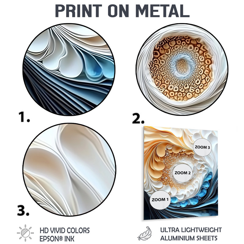 Irum I - art moderne en métal, spirales abstraites, impression sur métal, H 20 po x l 12 po x P 0,84 po