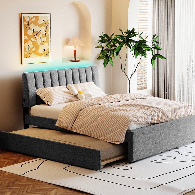Grand lit tapissier grand avec lit gigogne simple TG et aspect poli, molleton gris, structure stable, Grand lit, Gris
