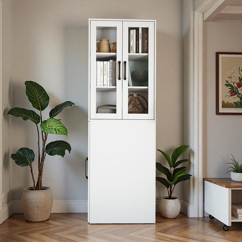 Armoire de rangement H 70,87 po avec 4 tablettes coulissantes et 2 portes vitrées - Armoire garde-manger multifonctionnelle moderne pour la cuisine, le salon ou la salle à manger