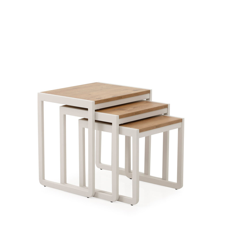 Ensemble de 3 tables d'appoint robustes PERA, table basse moderne et empilable pour salon, chambre à coucher, bureau, structure en acier, brun rustique et blanc cassé PERA