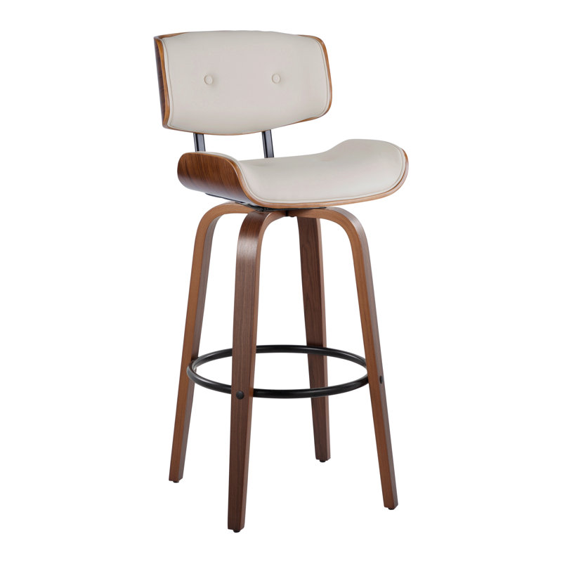 Lombardi 30" Mid-Century Modern Fixed-Height Barstool with Swivel in Walnut Wood and Cream Faux Leather with Round Black Metal Footrest by LumiSource - Set of 2