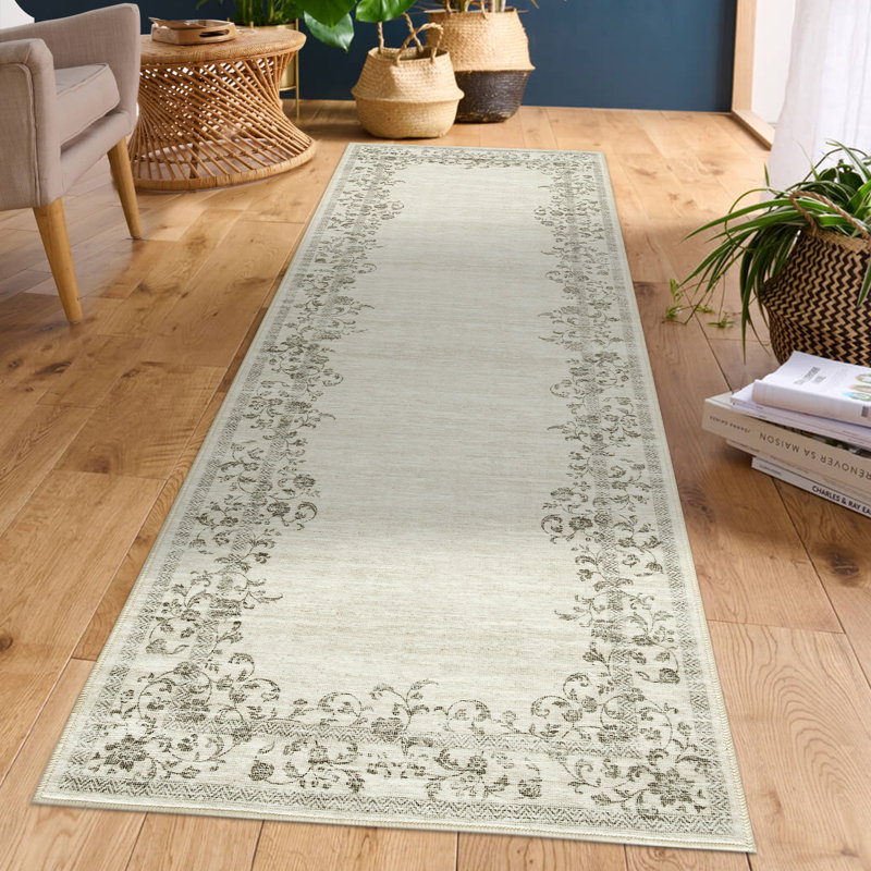 Tapis antidérapant lavable à la machine pour le salon Bordure florale à motif vieilli rétro, Tapis de couloir 2 pi x 6 pi