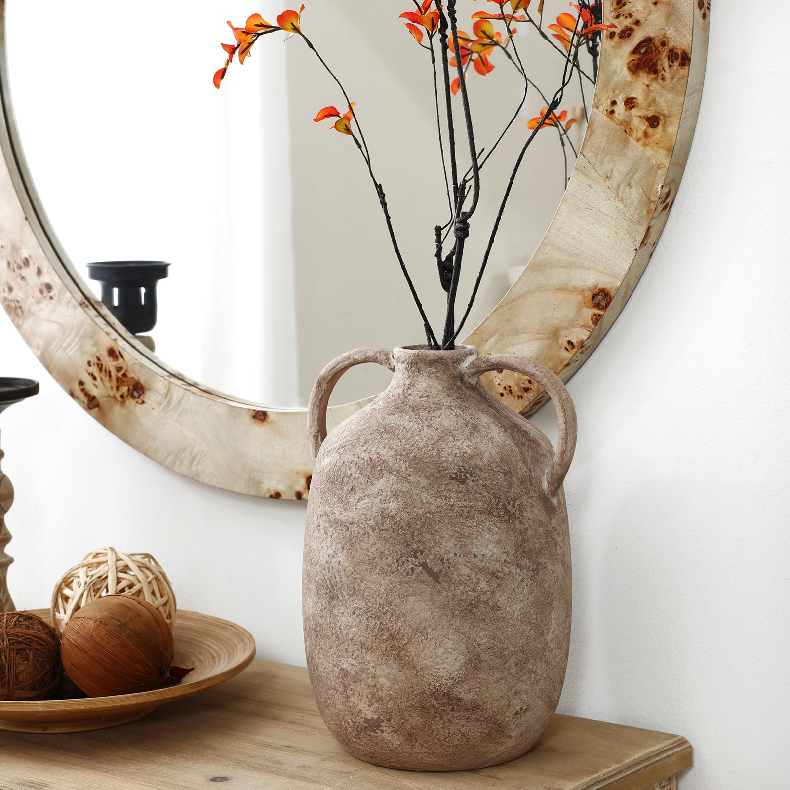 Marble Brown Ceramic 11.5-Inch Tall Jug Vase with Handles