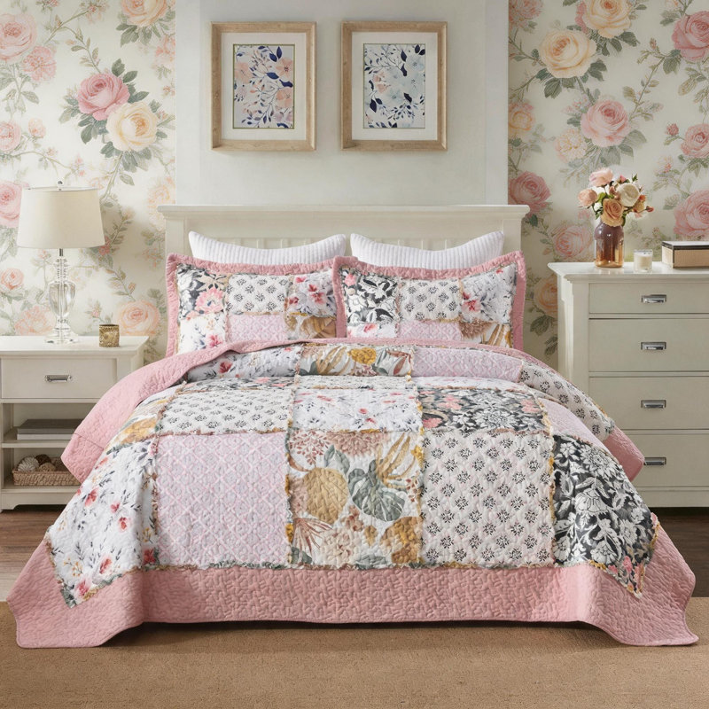 HoneiLife Pink Dream Cotton Handmade Patchwork 3-Piece Queen Size Quilt Sets, Queen Quilt + 2 Standard Pillowcases, Dark Pink