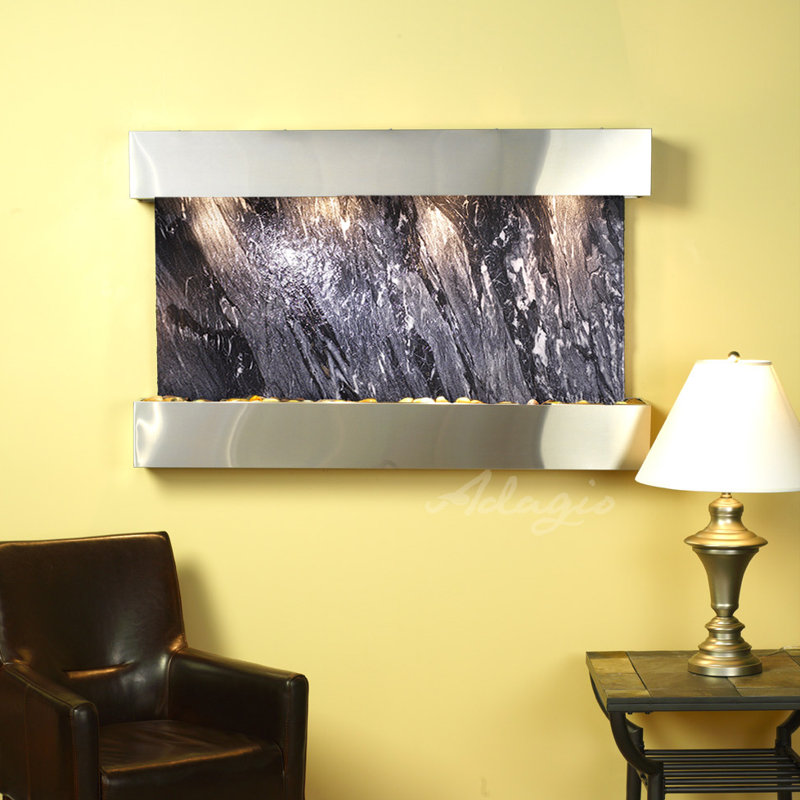 Sunrise Springs Natural Stone/Metal Wall Fountain with Light, Stainless Steel, Black Spider Marble