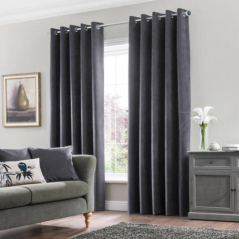 Erno Sheer Crushed Velvet Eyelet Curtains, Charcoal, 228 W x 228 D cm