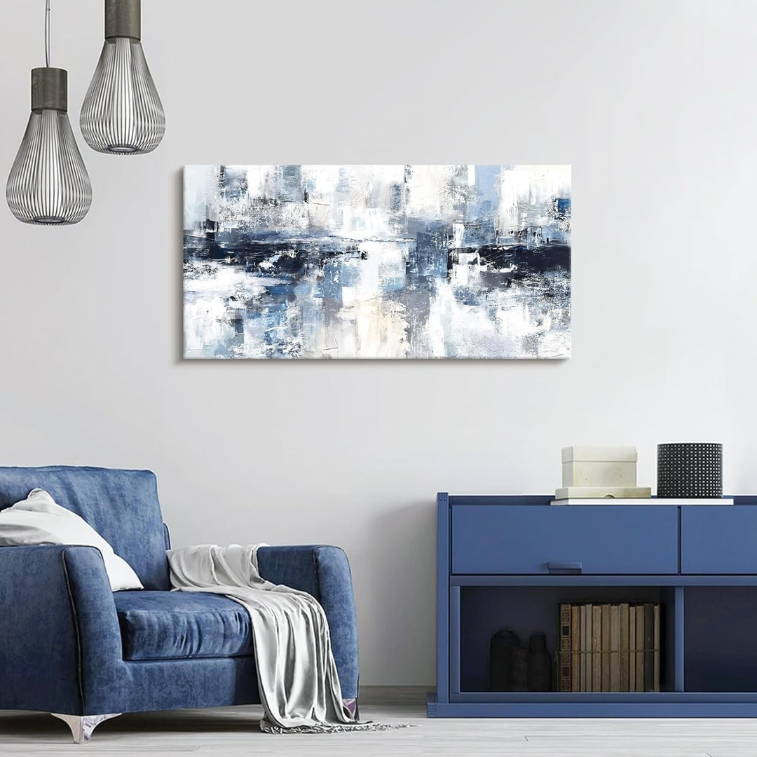 Large Abstract Neutral Blue White Canvas Wall Art, Minimalist Blue Gray Paintings Canvas 50x100cm