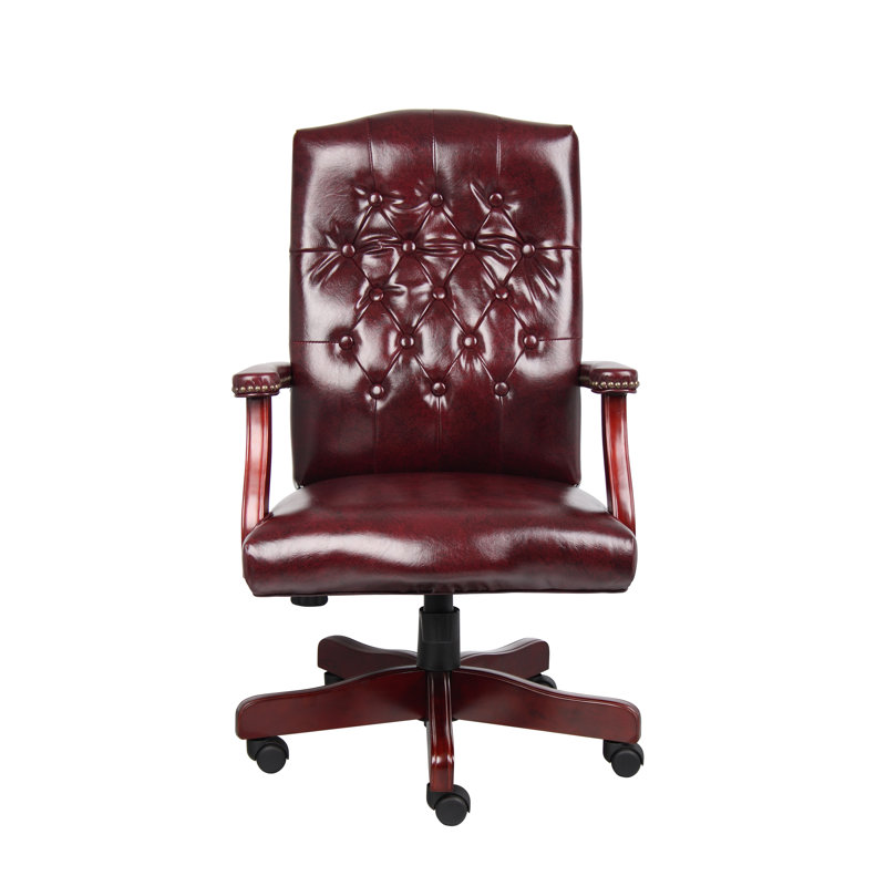 Oxblood Vinyl High Back Executive Swivel Chair with Mahogany Finish