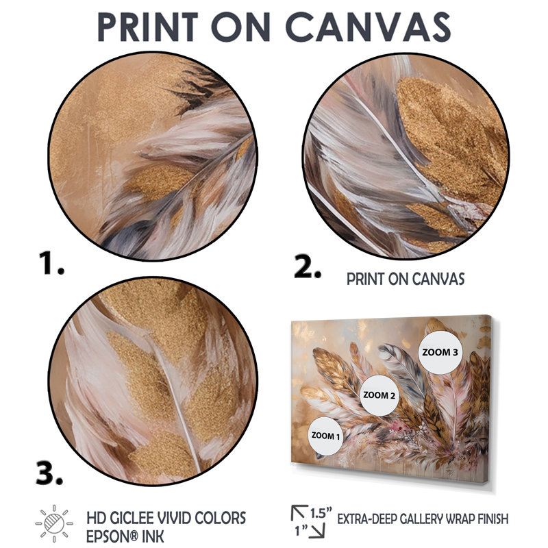 Plume dorée Boho Majesty - art mural 4 panneaux Glam Feather, Toile tendue, Ne s’applique pas
