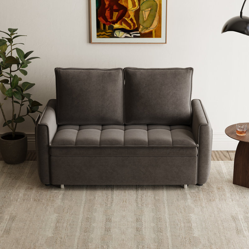  49" Modern Convertible Sleeper Loveseat with Pull-Out Bed, Adjustable Backrest & Side Storage Pockets, Brown