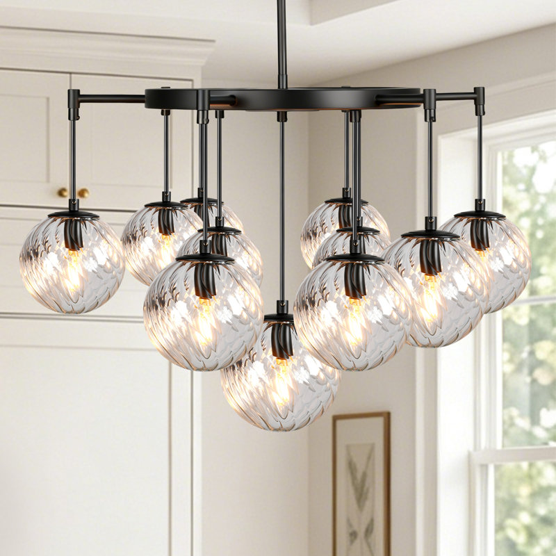 Lustre 11 lumières pour îlot de cuisine noir mat en verre transparent à intensité variable de 74,2 po de large