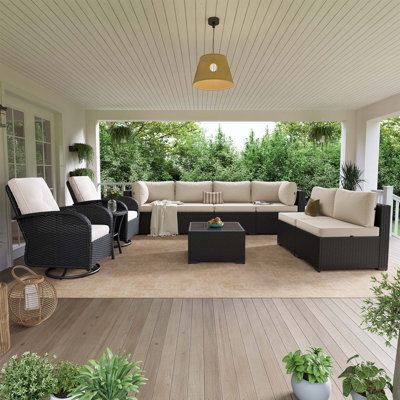 Ensemble de canapés d'extérieur en osier 10 pièces avec chaises berçantes pivotantes