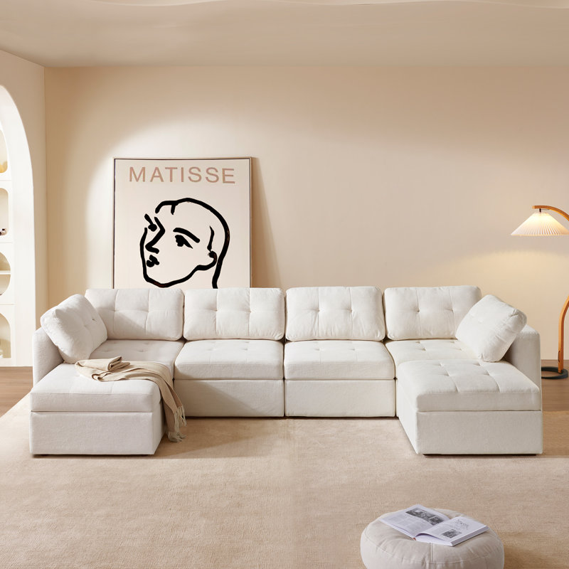 Zakeem Upholstered U-Shaped Sectional Reversible, White Boucle