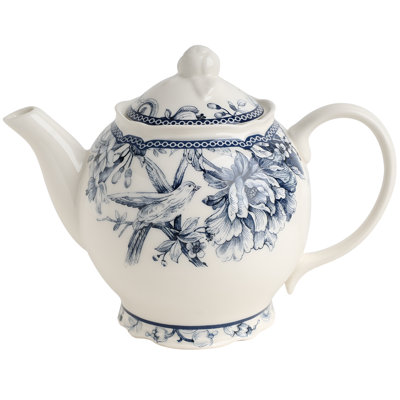 222 Fifth Adelaide Blue & White Porcelain Teapot - Floral & Bird Design, Elegant Tea Server, Dishwasher Safe, 3.35" x 5.51"