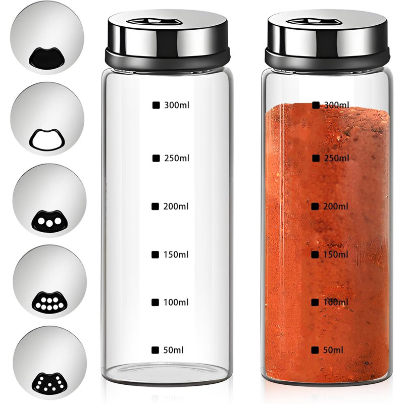 Large Glass Salt and Pepper Shaker Set with 4 Interchangeable Lids for Multi-Spice Kitchen BBQ Camping