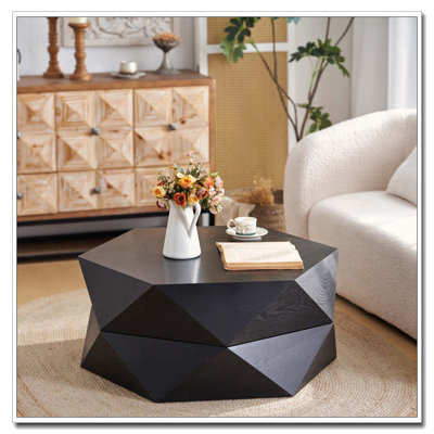 Table basse 36,61 po style rétro Polygon, table basse cylindrique en placage de bois massif