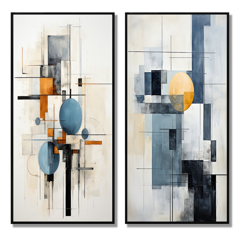 «Beige Blue Suprematism Harmonic Intersections», 2 pièces, Cadre noir, H 40 po x l 40 po