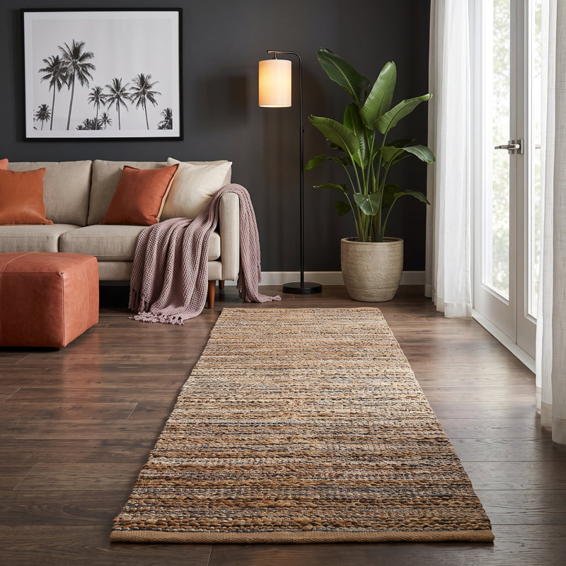 Tapis d'intérieur en jute de fibre naturelle fait à la main avec envers en coton Modern Farmhouse, Brun clair / marine