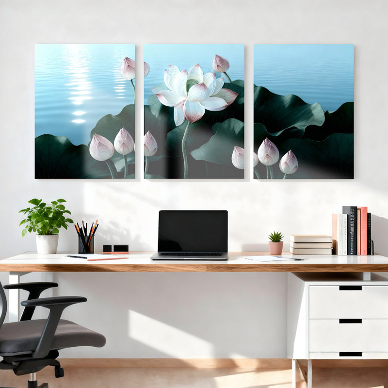 «Lotus Flower Water Reflection», ensemble de 3 reproductions d'art sur toile tendues, H 36 po x l 72 po