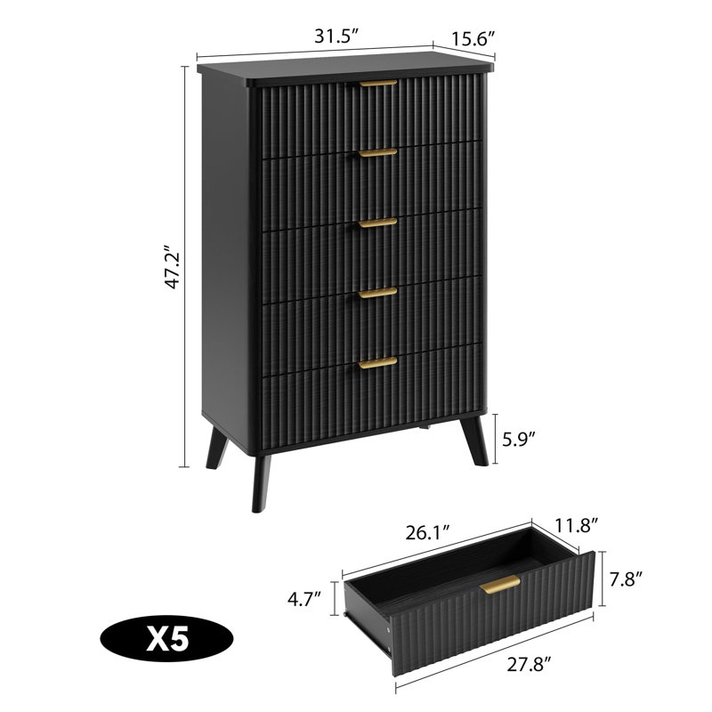 Modern Fluted 5-Drawer Wooden Dresser – 47.2" Tall – Curved Profile with Deep Drawers, Storage Chest for Bedroom, Living Room, Kids Room, Hallway (Black Finish)