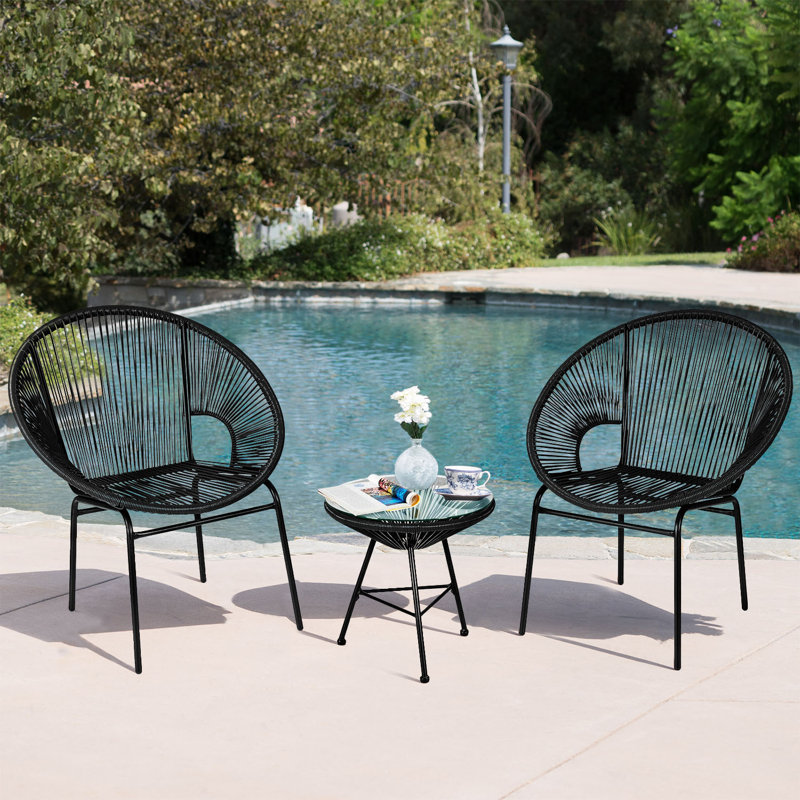 Frieso 2 - Person Wicker Patio Dining Set with Round Table, Black