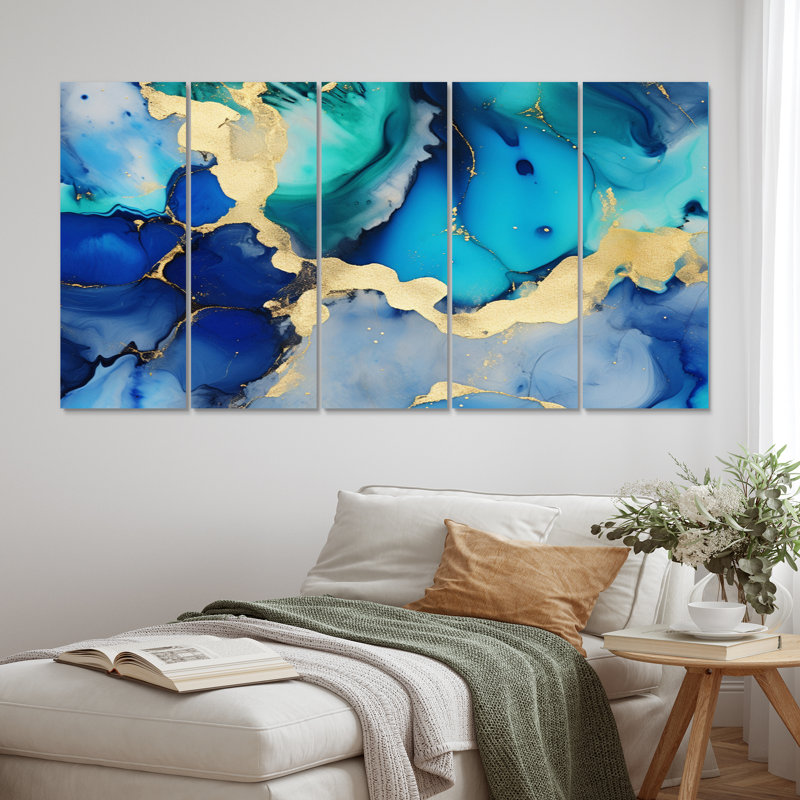 «Blue and Gold Luxury Abstract Fluid Art VII», reproduction sur toile - 5 panneaux égaux
