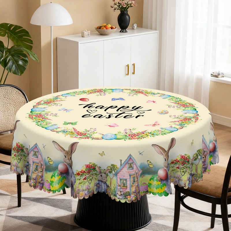 Machine-washable polyester Easter bunny pattern tablecloth, 59.8" Round
