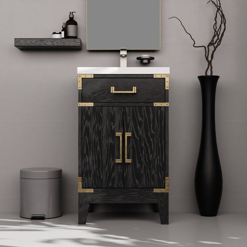 Meuble-lavabo simple en chêne brun - 51 x 46 cm avec comptoir en acrylique et miroir. Style moderne. 46 cm de largeur x 61 cm de hauteur. Grand espace de rangement.