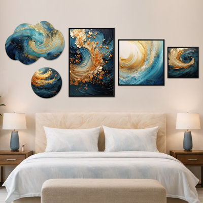 Golden Sapphire Surge I - Abstrait technique mixte dynamique, 5 panneaux d'art mural (100 po x 40 po)