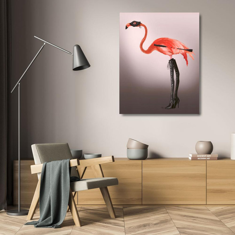 Flamant rose avec bottes crépues, H 24 po x l 19 po