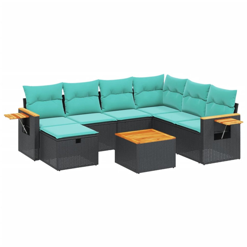 Ensemble de canapé de patio 8 pièces avec coussins en rotin de polyester, Bleu clair, Noir