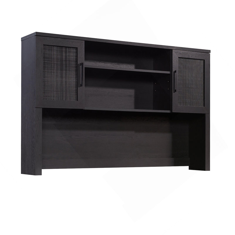 Space-Saving Hutch With Adjustable Shelves, Rattan Doors, And Integrated Cable Management For Versatile Home Use.