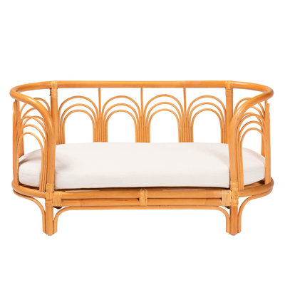 Natural Bohemian Pet Bed, Openwork Frame Decorated With Accents, Removable Foam - Padded Fabric Upholstered Cushions, Lightweight And Assembled, Honey Shaded, 15.14 In Depth, 35.48 Width, 18.39