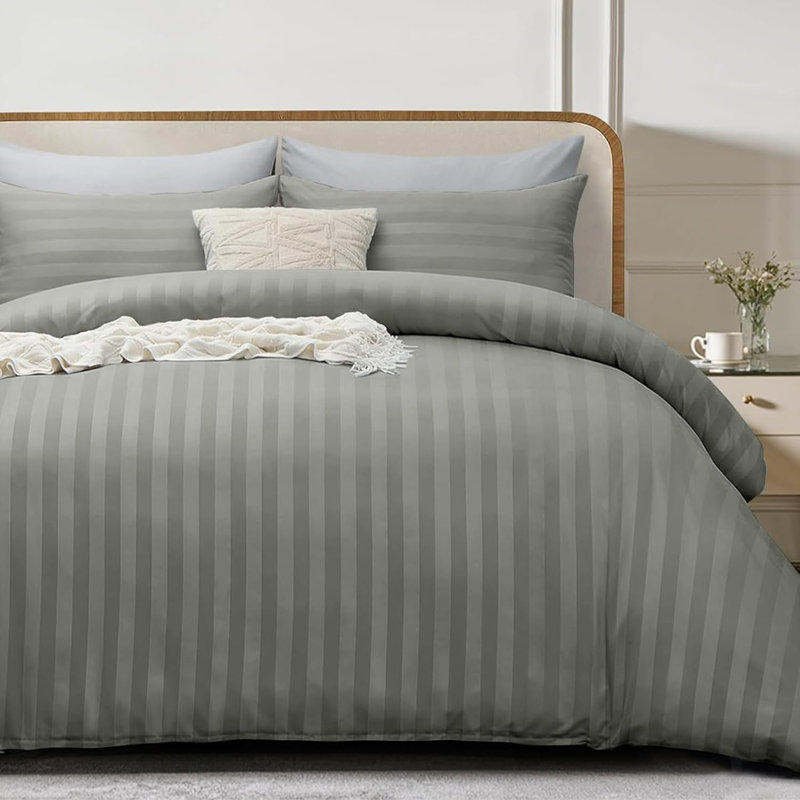 Microfiber Striped Duvet Cover Set with Pillowcases Included, Double Duvet Cover 2 Pillowcases, Charcoal