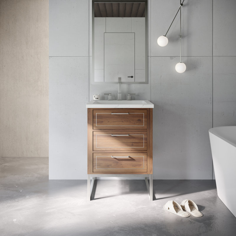 Markham 24'' W Single Vanity, Universal Calacatta Quartz, Brushed Nickel, Walnut