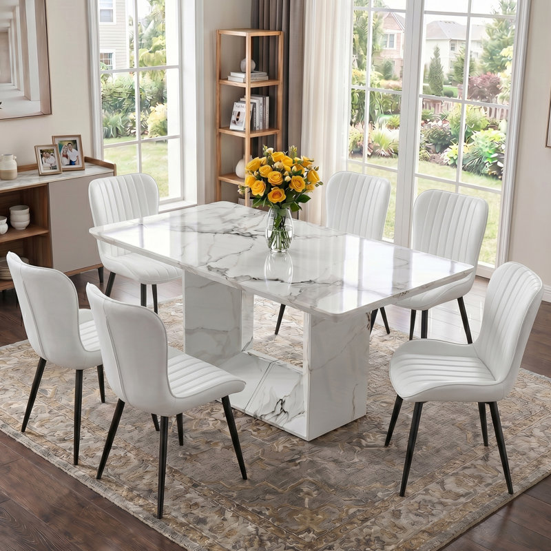 Ensemble de salle à manger 7 pièces Modern Glam avec table rectangulaire en faux marbre 63 po et 6 chaises en similicuir capitonné