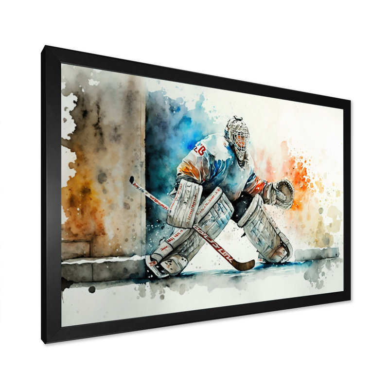 Gardien de but pendant le jeu I - Peinture sur toile, H 12 po x l 20 po x P 1 po, Cadre photo noir